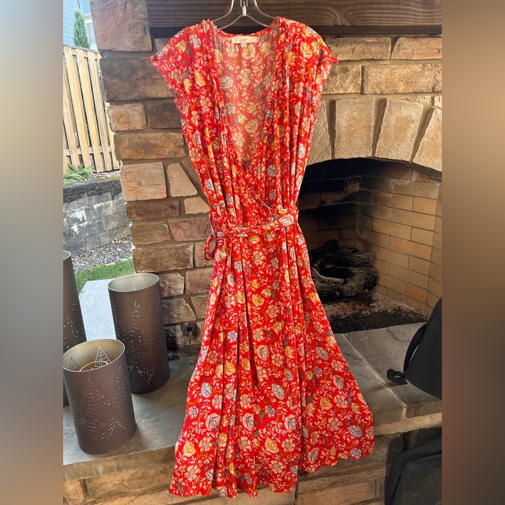 LOFT Orange Floral Wrap Dress Size 12.